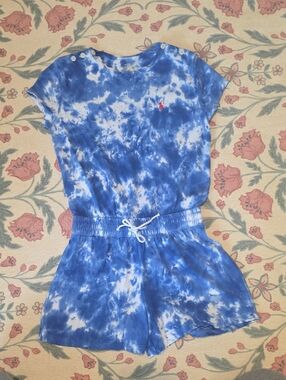 Ralph Lauren Blue and White Tie-Dye Cotton Romper